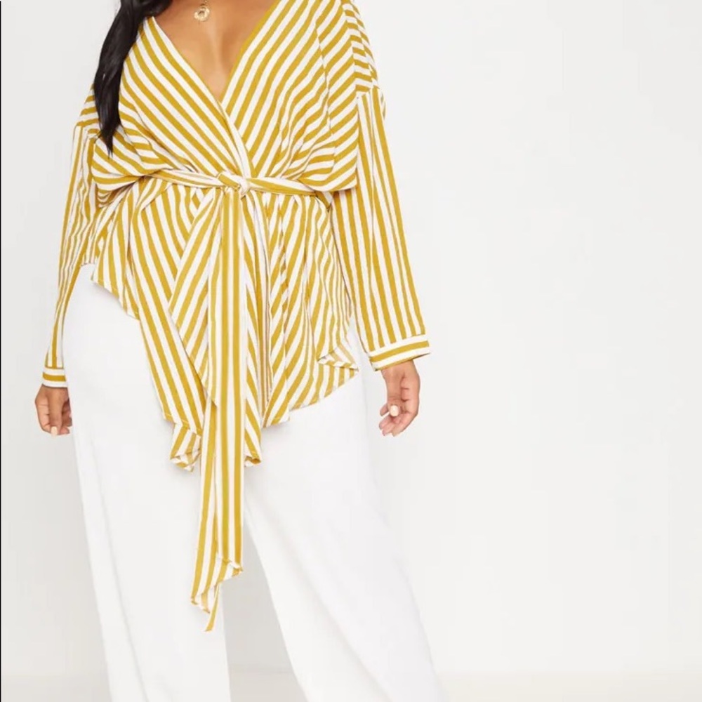 PrettyLittleThing Plus Chartreuse Striped Woven Tie Waist Blouse